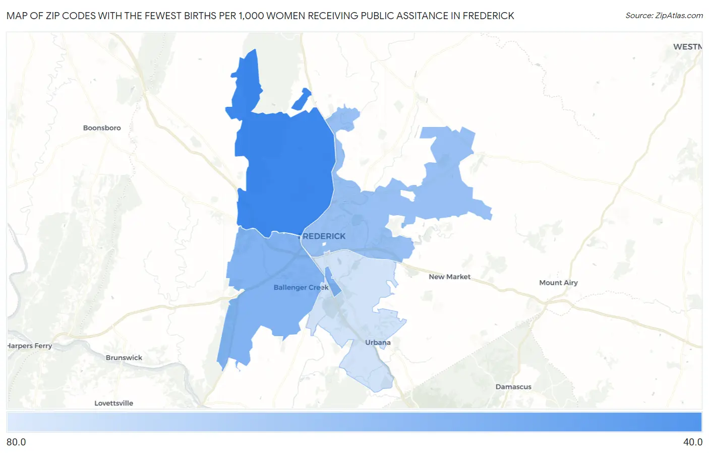 Zip Codes with the Fewest Births per 1,000 Women Receiving Public Assitance in Frederick Map