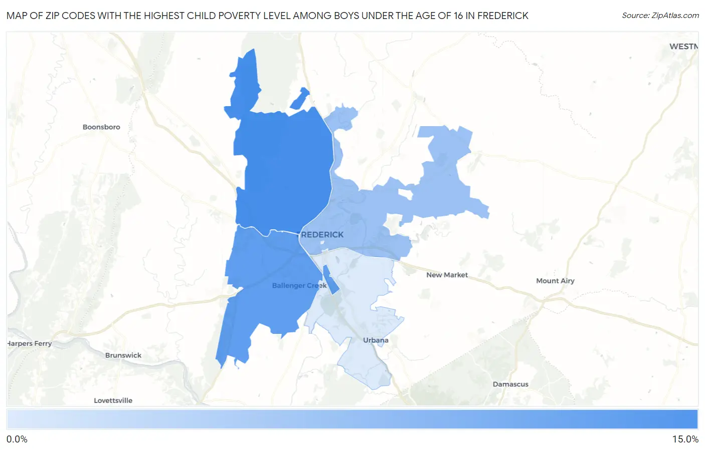 Zip Codes with the Highest Child Poverty Level Among Boys Under the Age of 16 in Frederick Map