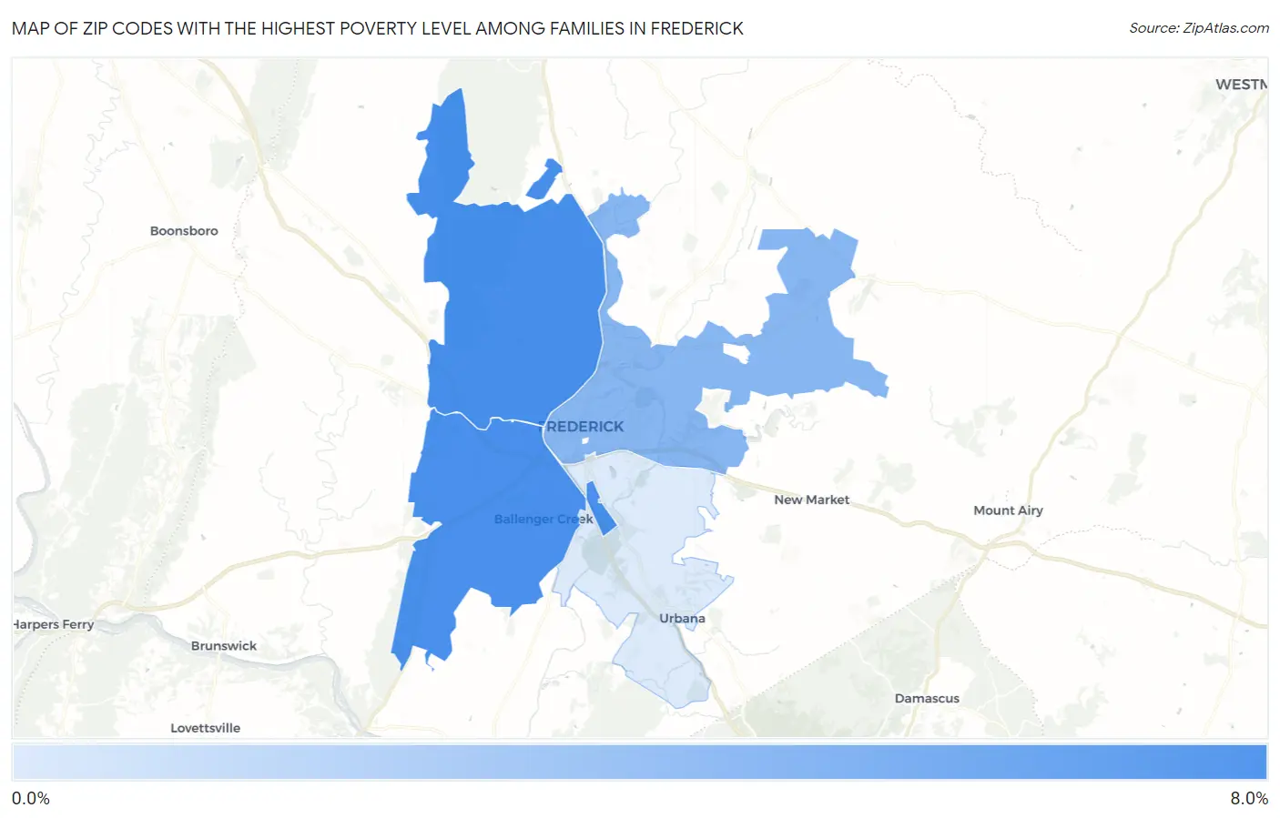 Zip Codes with the Highest Poverty Level Among Families in Frederick Map