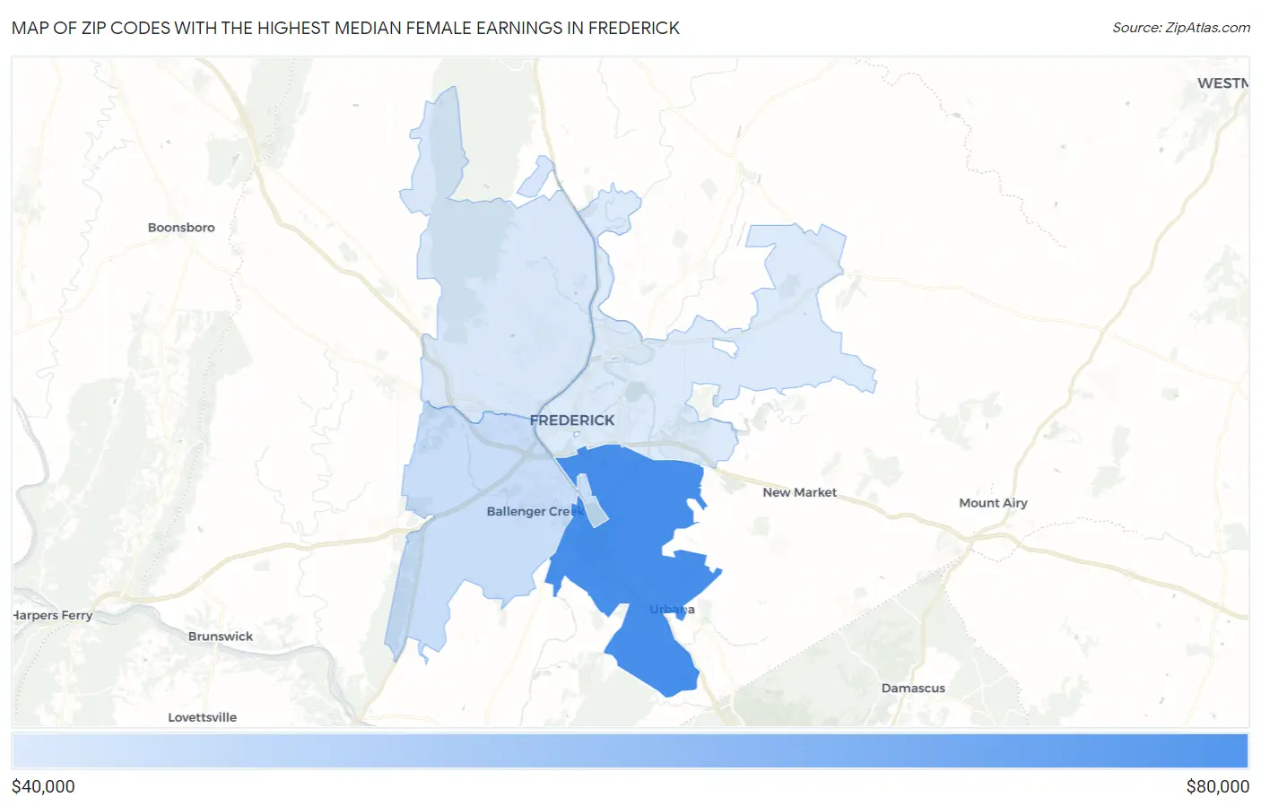Zip Codes with the Highest Median Female Earnings in Frederick Map