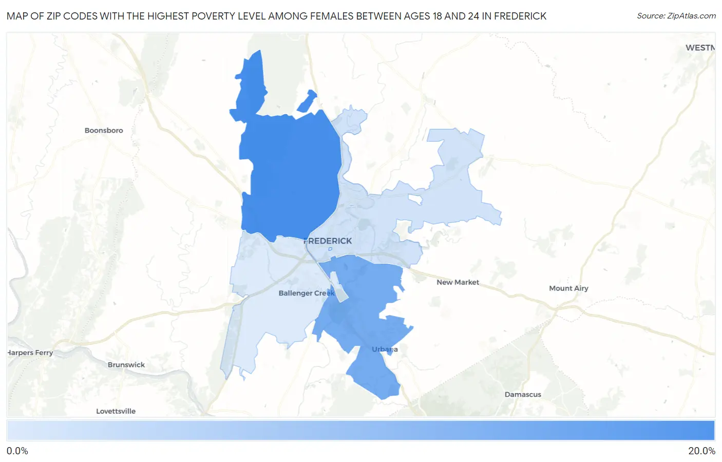 Zip Codes with the Highest Poverty Level Among Females Between Ages 18 and 24 in Frederick Map