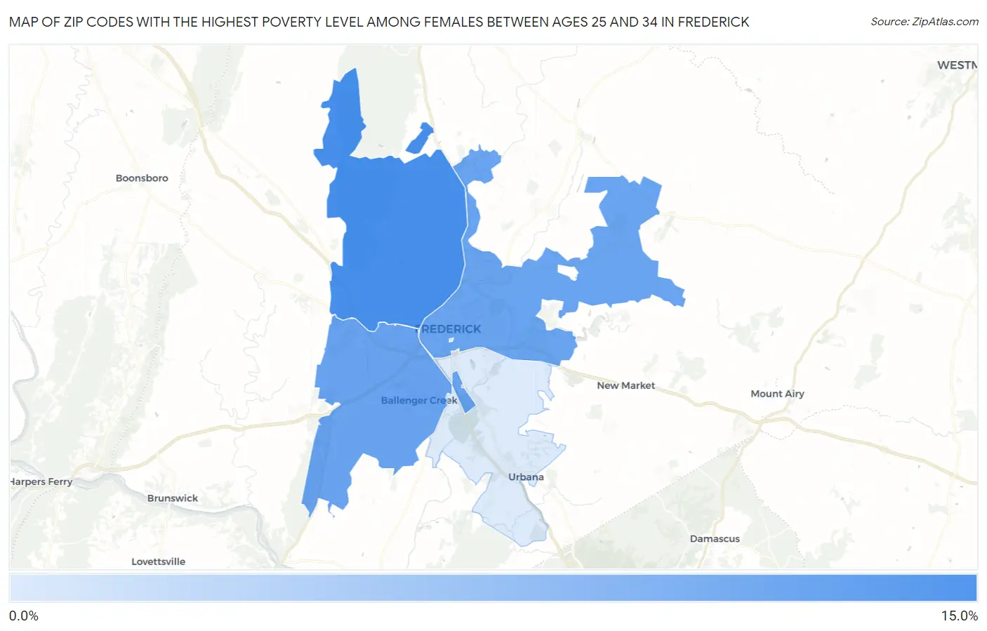 Zip Codes with the Highest Poverty Level Among Females Between Ages 25 and 34 in Frederick Map