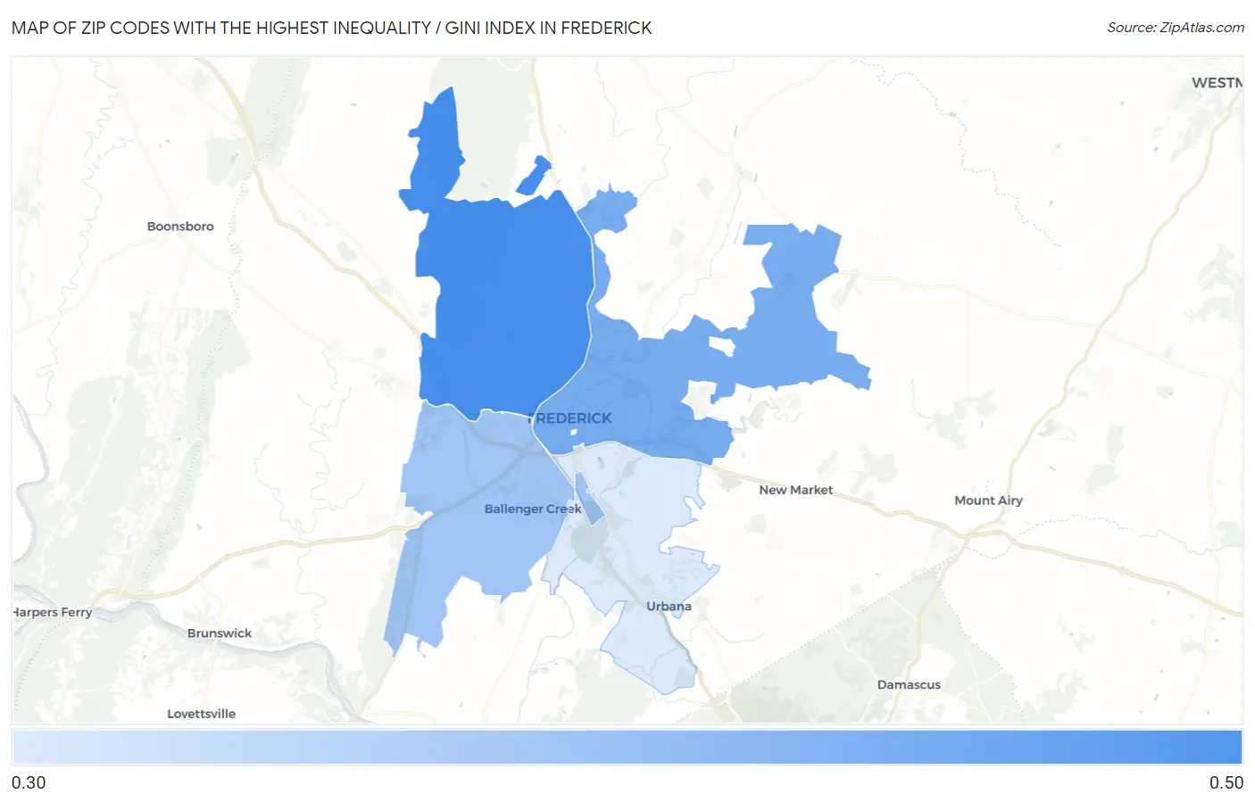 Zip Codes with the Highest Inequality / Gini Index in Frederick Map