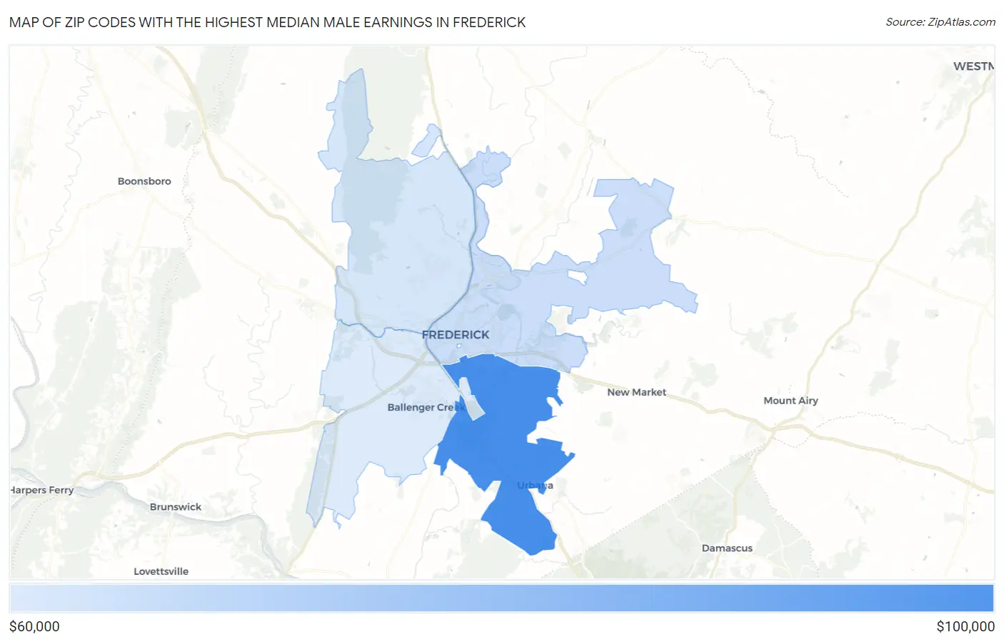 Zip Codes with the Highest Median Male Earnings in Frederick Map