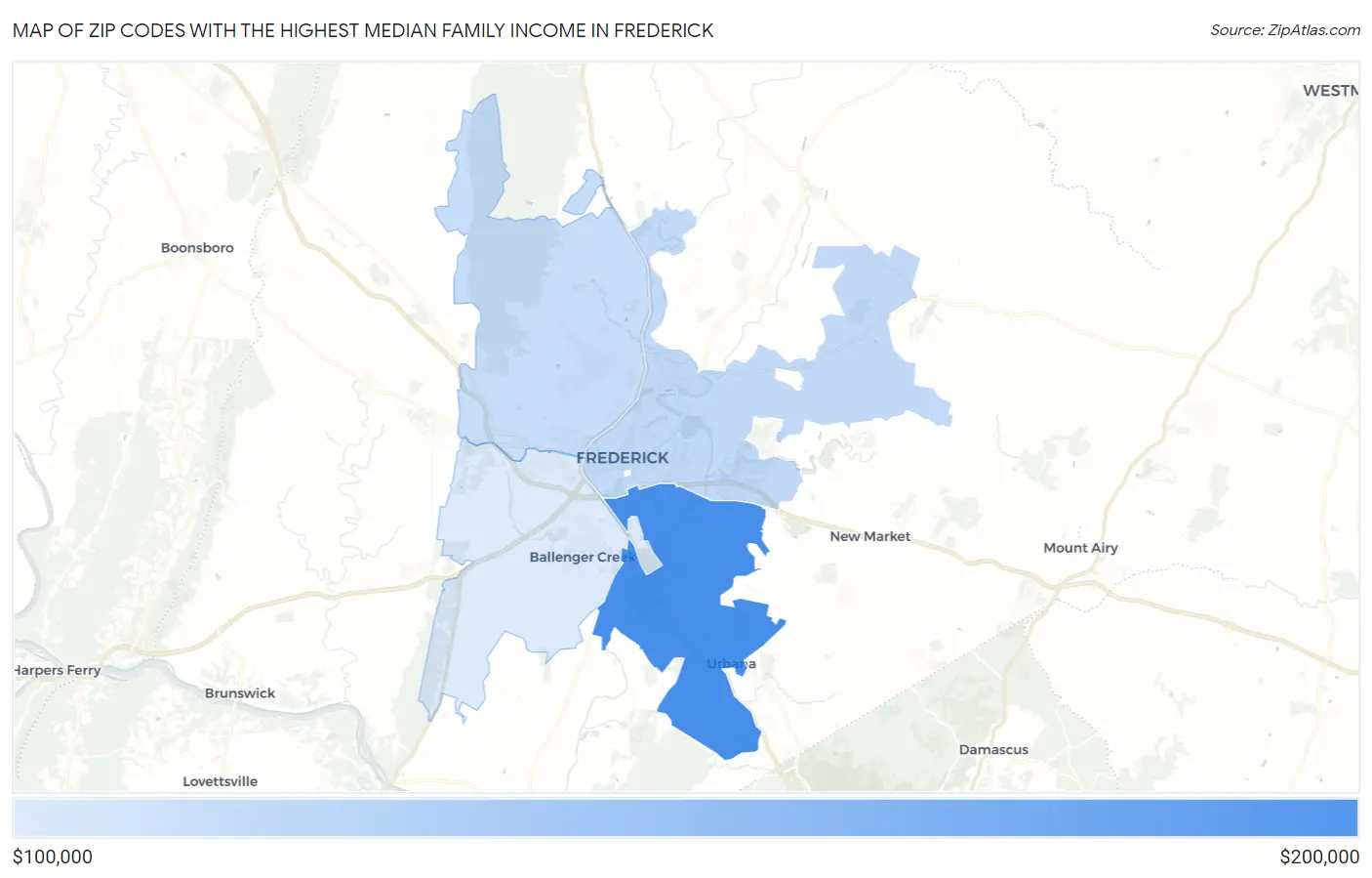 Zip Codes with the Highest Median Family Income in Frederick Map