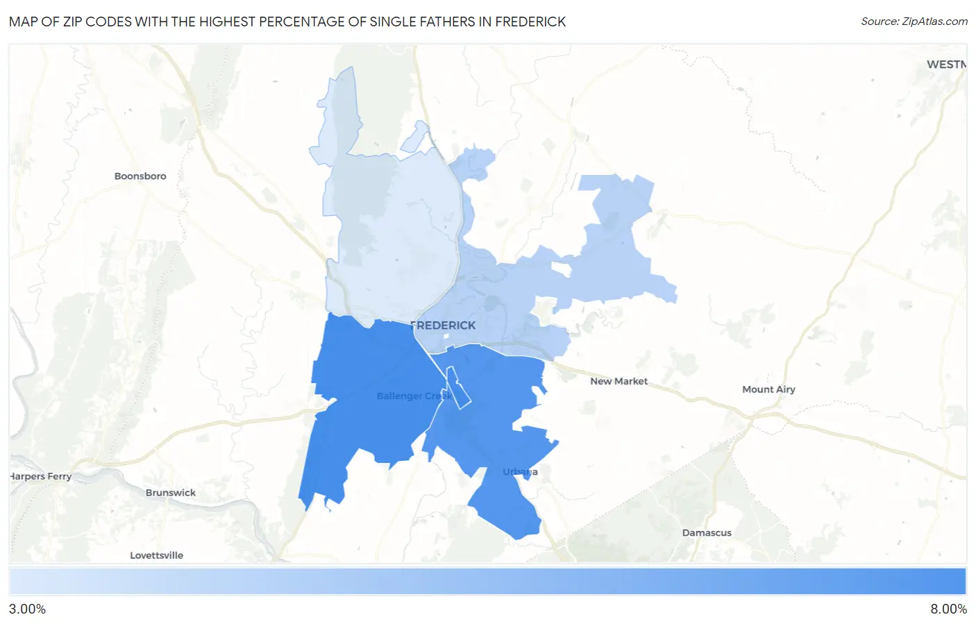 Zip Codes with the Highest Percentage of Single Fathers in Frederick Map