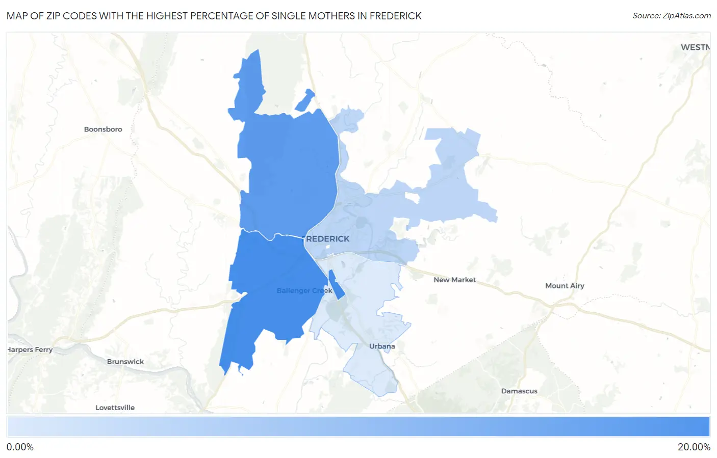 Zip Codes with the Highest Percentage of Single Mothers in Frederick Map