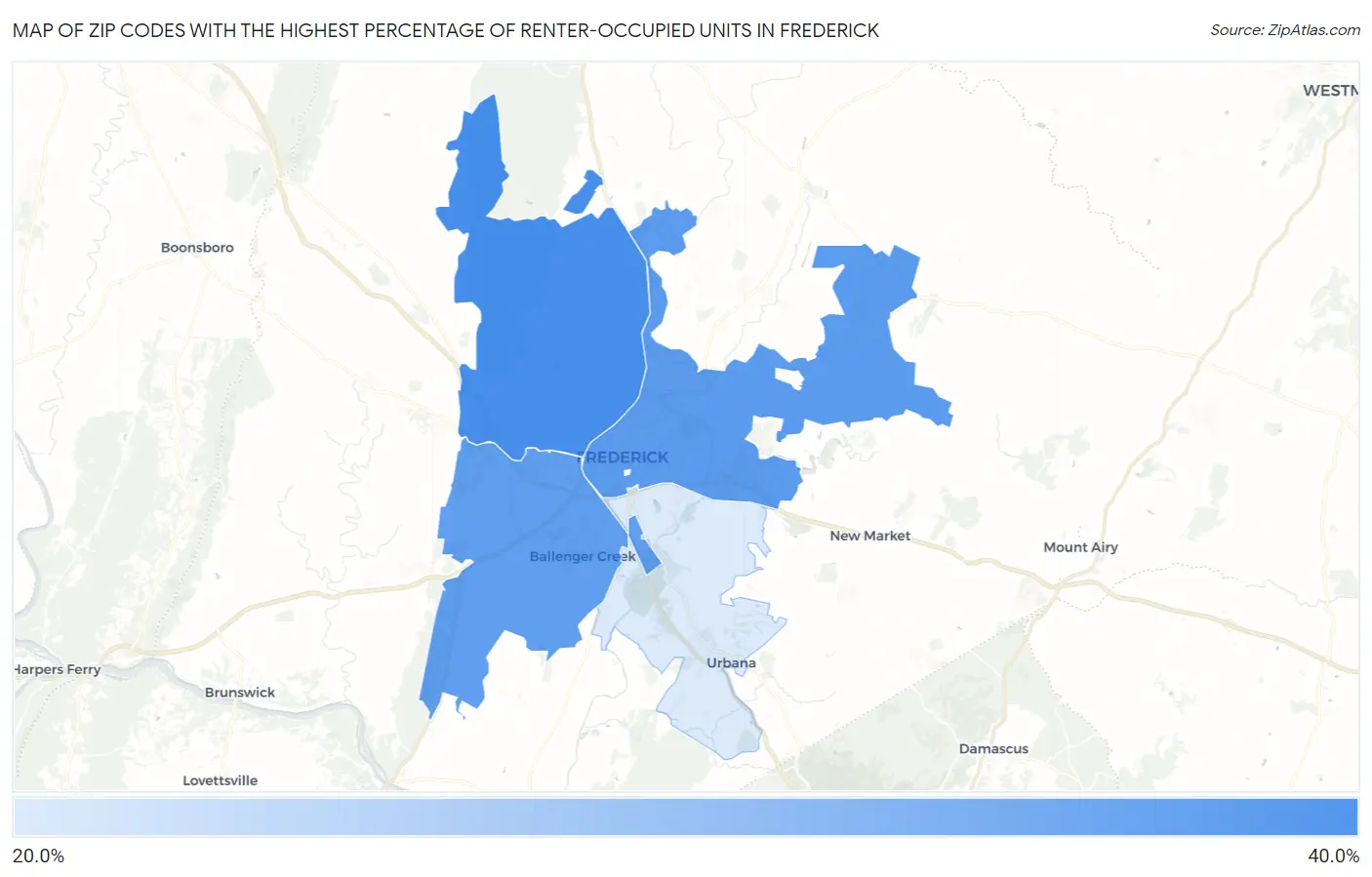 Zip Codes with the Highest Percentage of Renter-Occupied Units in Frederick Map