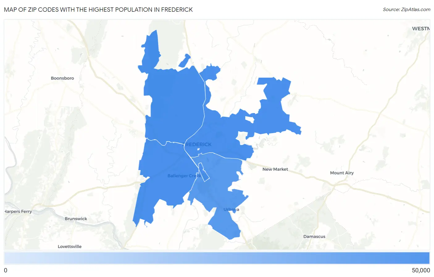 Zip Codes with the Highest Population in Frederick Map