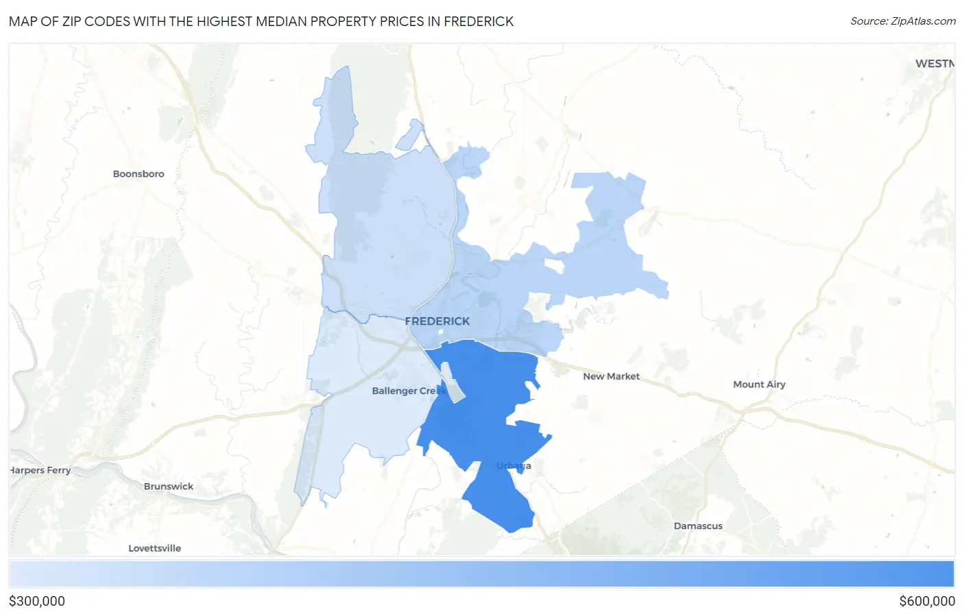 Zip Codes with the Highest Median Property Prices in Frederick Map