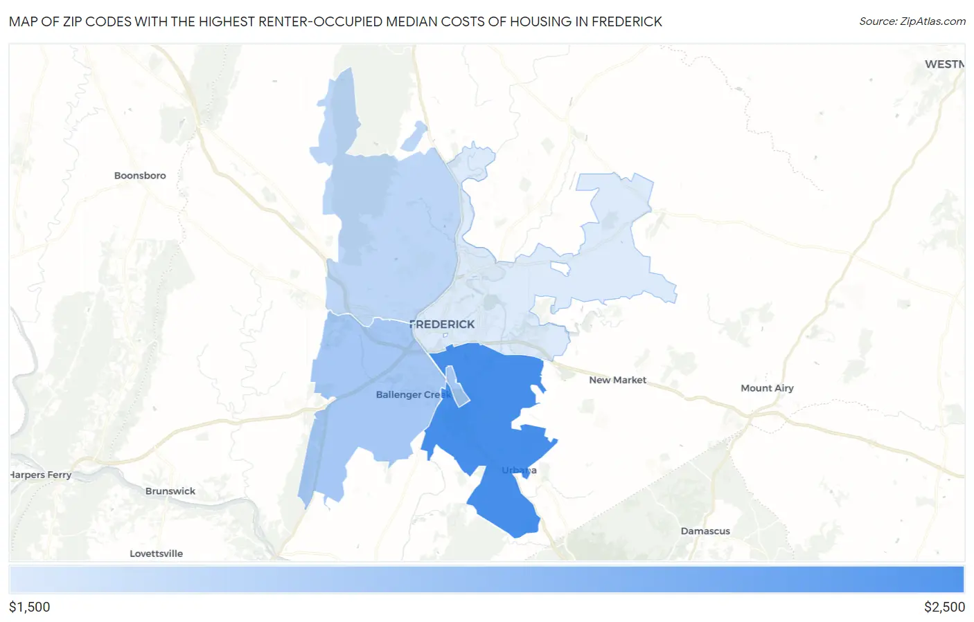 Zip Codes with the Highest Renter-Occupied Median Costs of Housing in Frederick Map