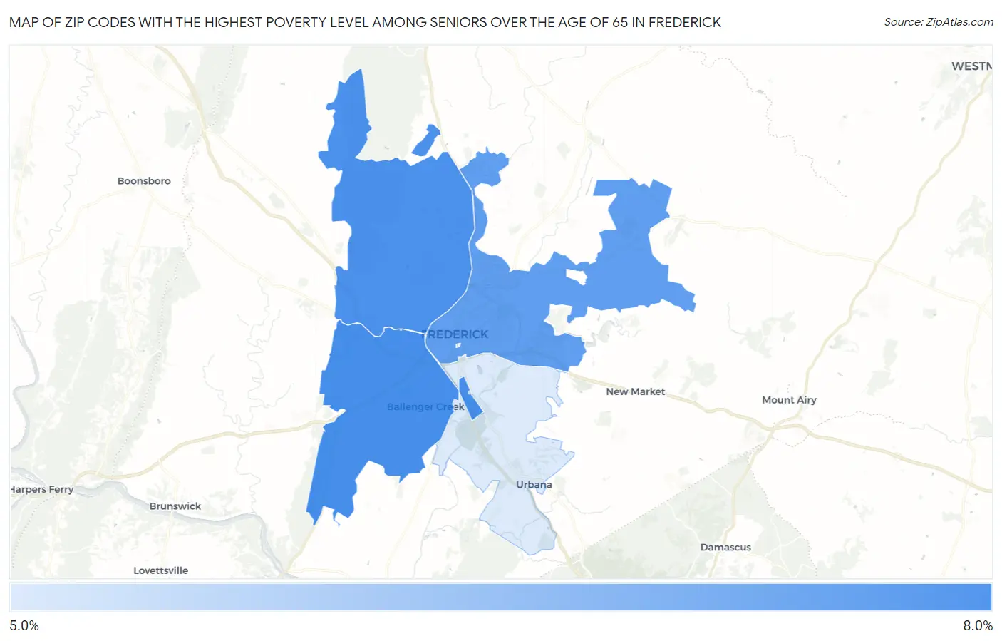 Zip Codes with the Highest Poverty Level Among Seniors Over the Age of 65 in Frederick Map