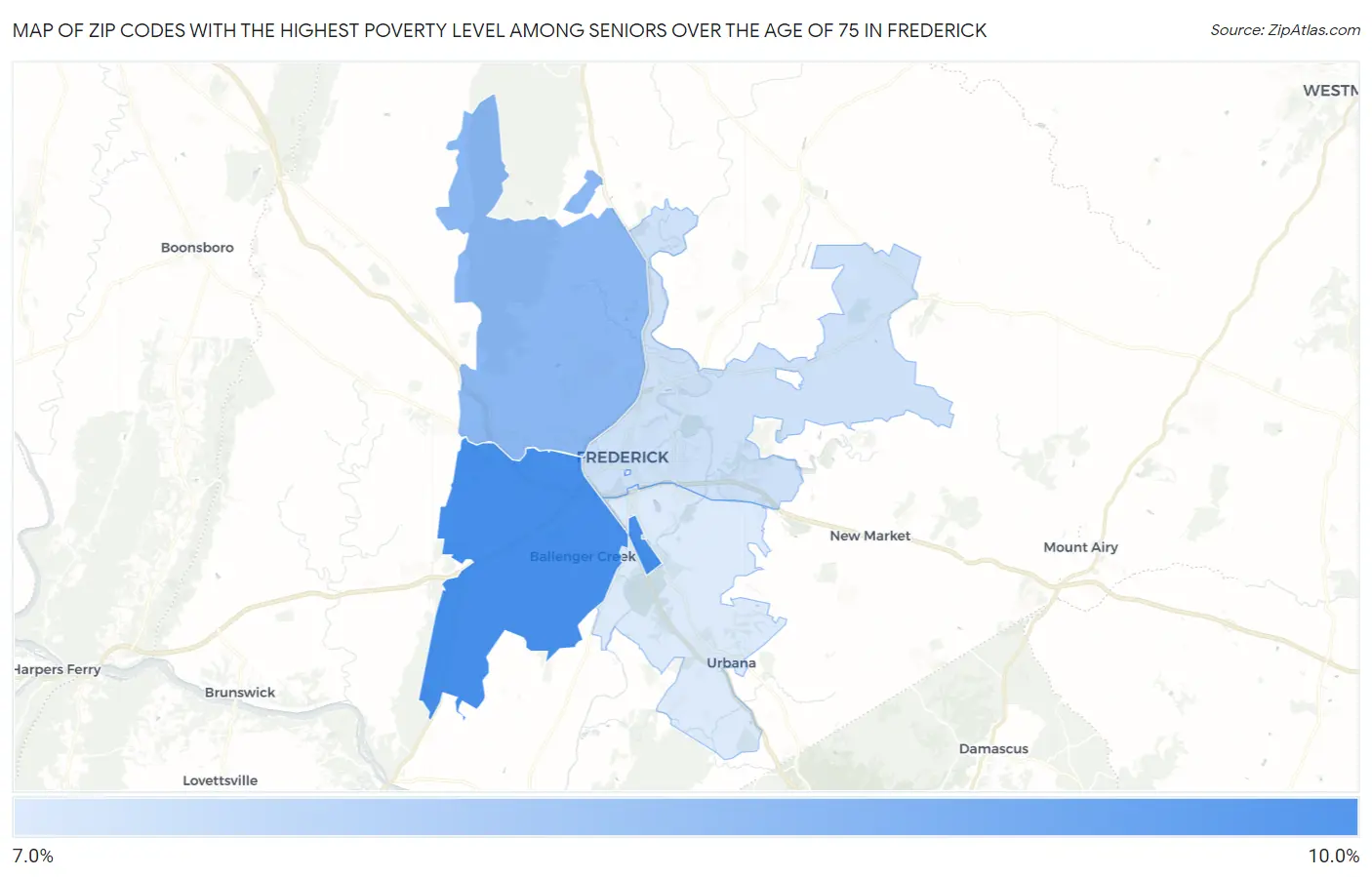 Zip Codes with the Highest Poverty Level Among Seniors Over the Age of 75 in Frederick Map