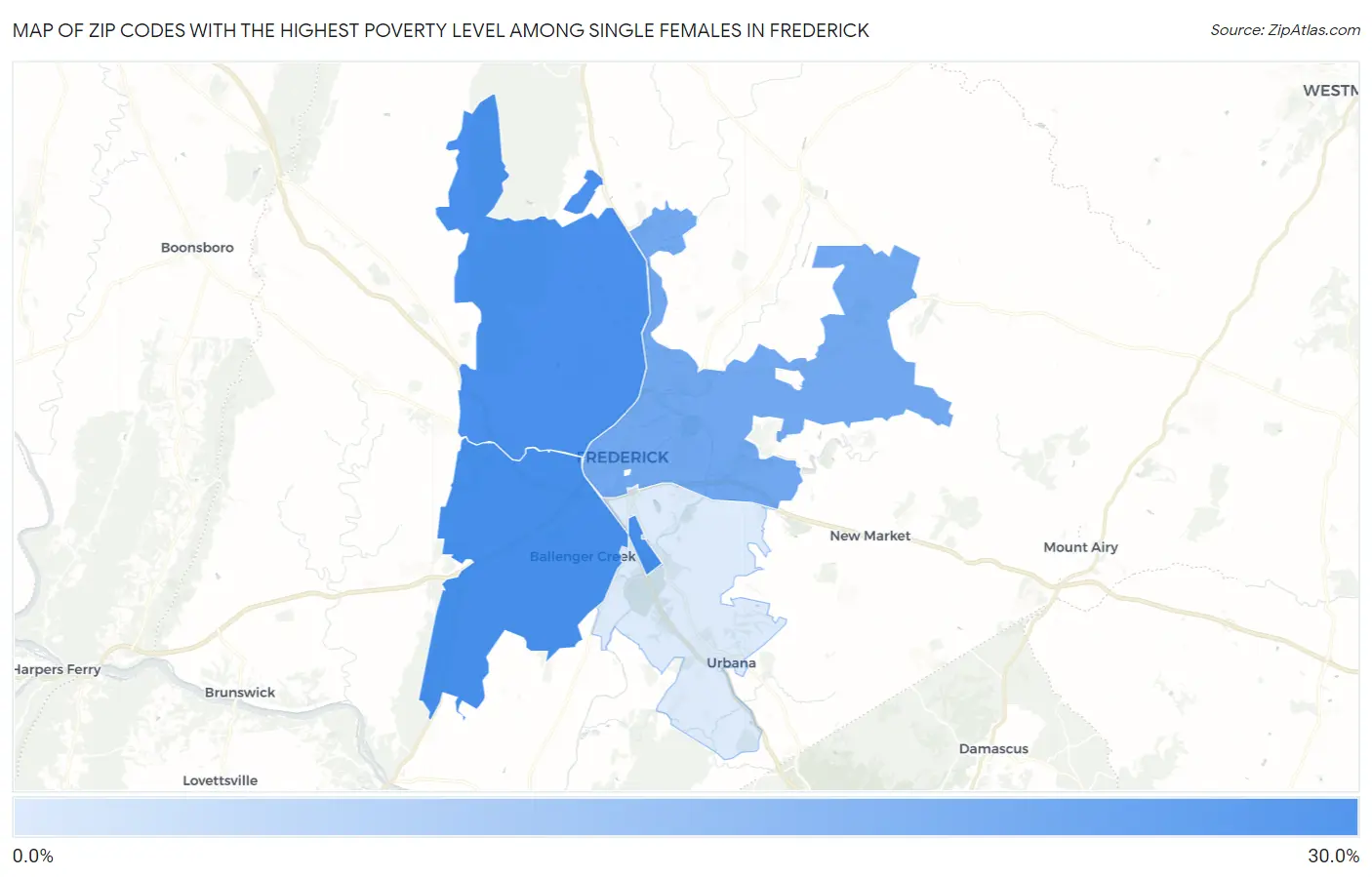 Zip Codes with the Highest Poverty Level Among Single Females in Frederick Map