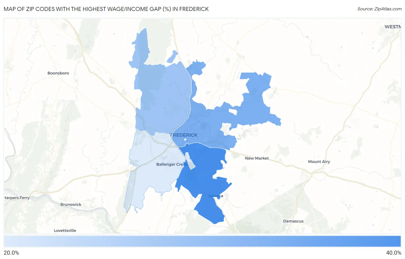 Zip Codes with the Highest Wage/Income Gap (%) in Frederick Map