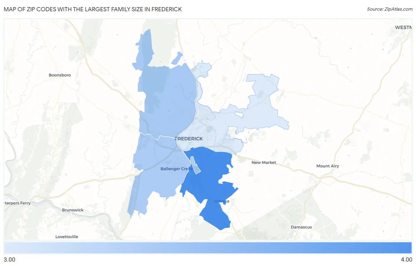 Zip Codes with the Largest Family Size in Frederick Map