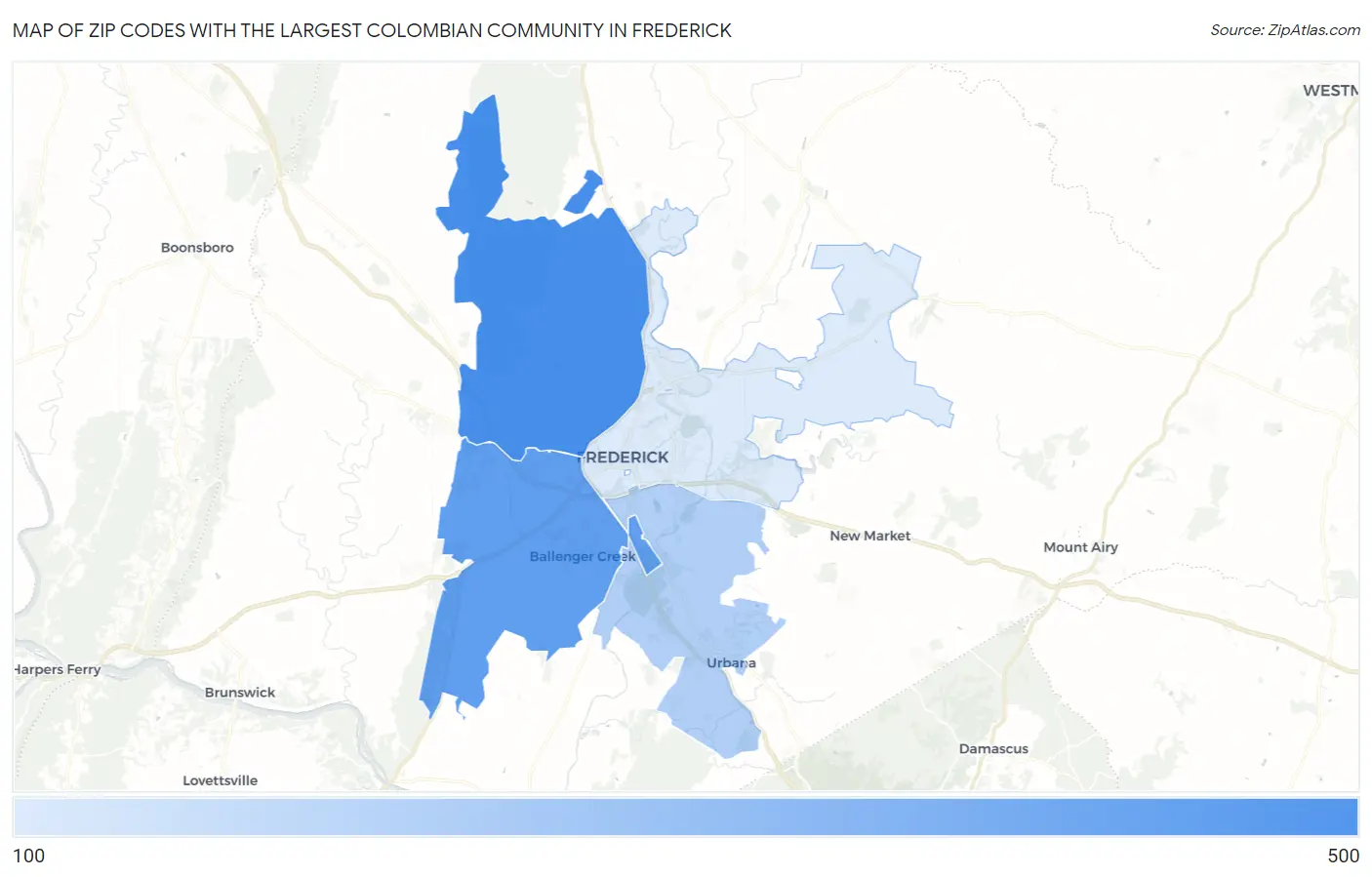 Zip Codes with the Largest Colombian Community in Frederick Map