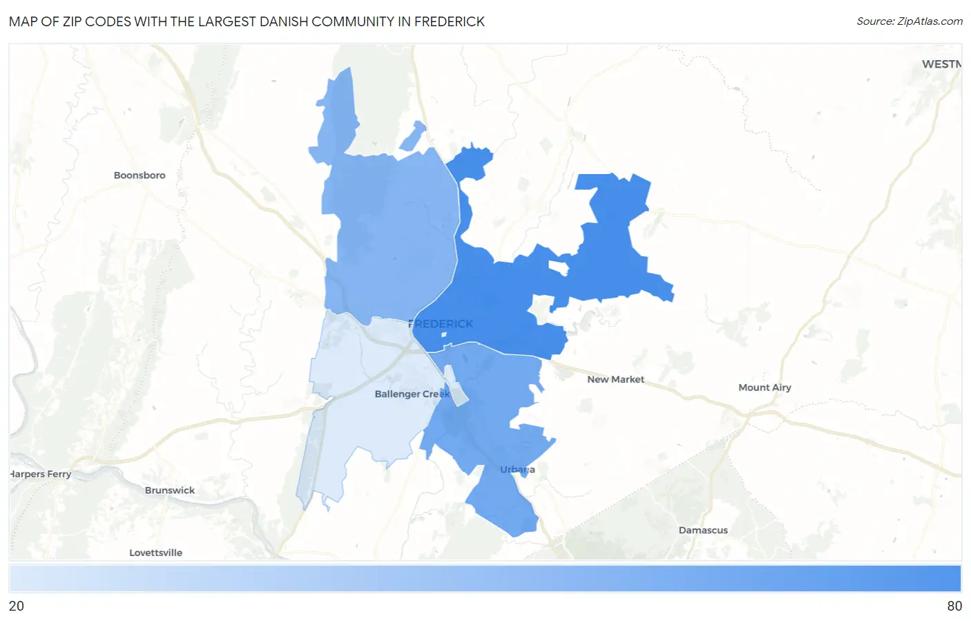 Zip Codes with the Largest Danish Community in Frederick Map
