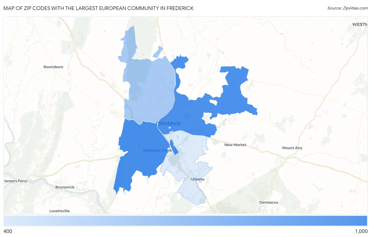 Zip Codes with the Largest European Community in Frederick Map