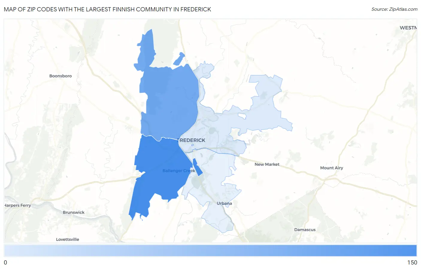 Zip Codes with the Largest Finnish Community in Frederick Map