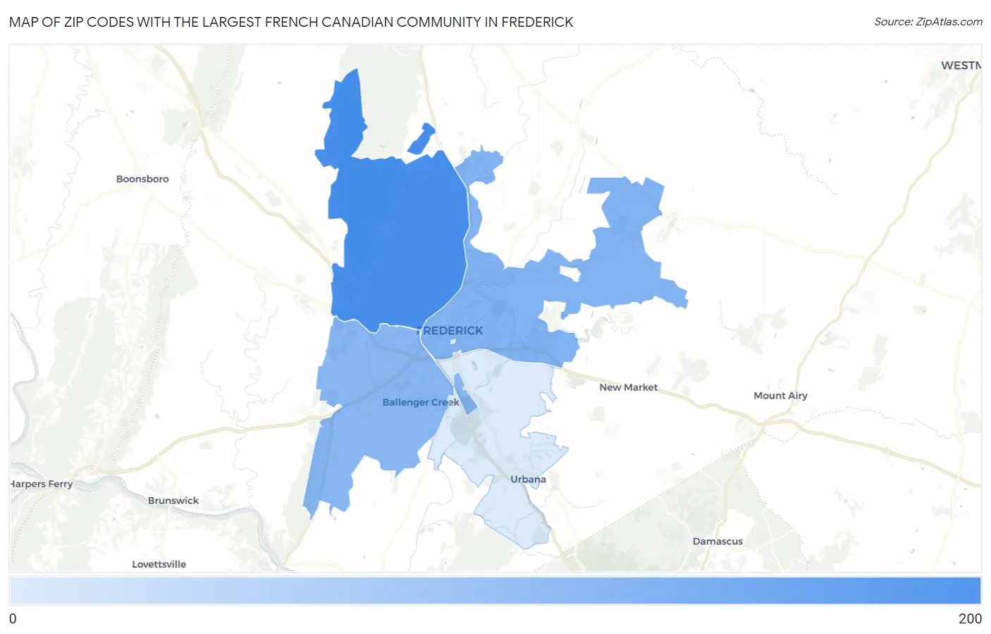 Zip Codes with the Largest French Canadian Community in Frederick Map