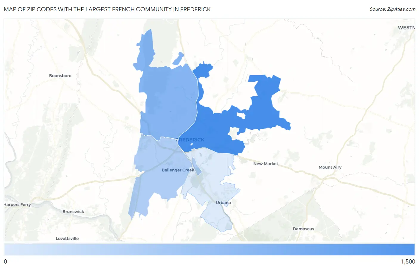 Zip Codes with the Largest French Community in Frederick Map