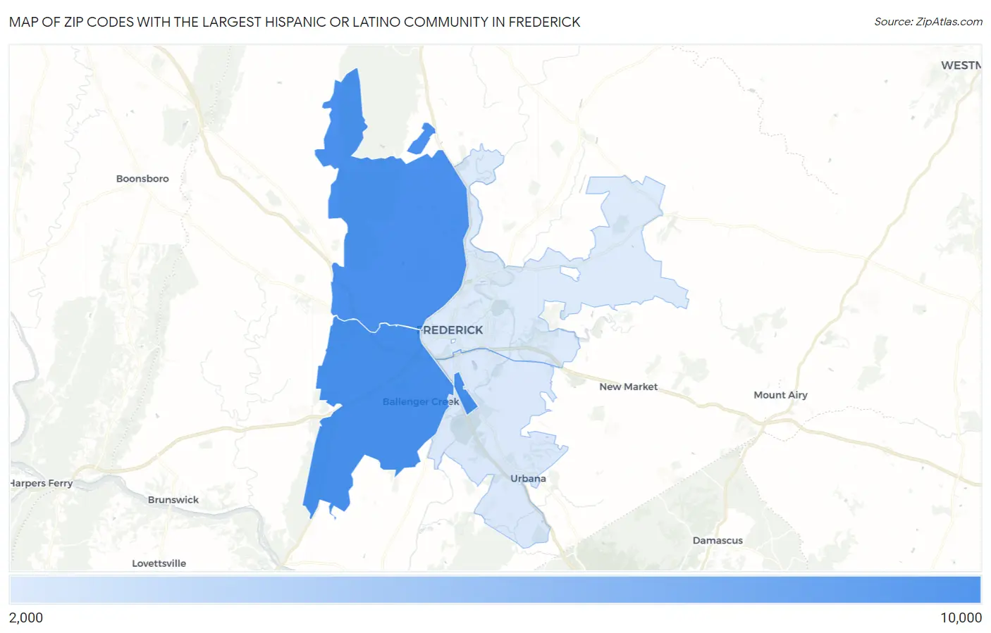 Zip Codes with the Largest Hispanic or Latino Community in Frederick Map