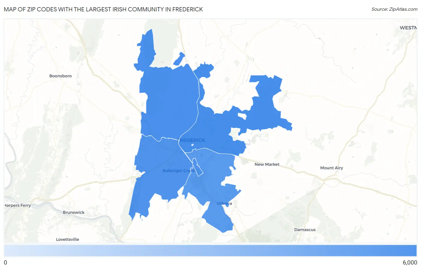 Zip Codes with the Largest Irish Community in Frederick Map