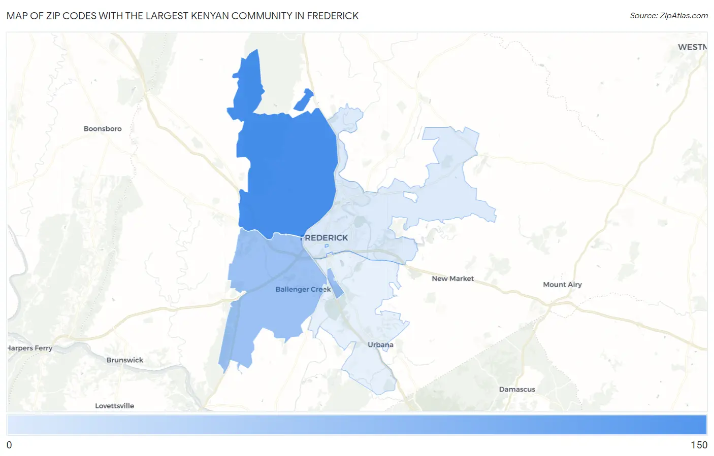 Zip Codes with the Largest Kenyan Community in Frederick Map