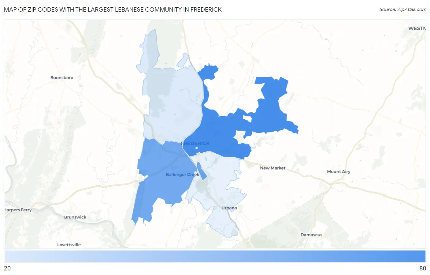 Zip Codes with the Largest Lebanese Community in Frederick Map