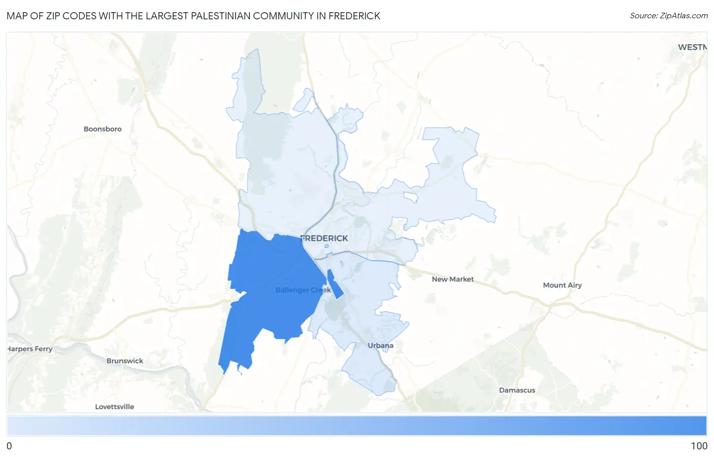 Zip Codes with the Largest Palestinian Community in Frederick Map