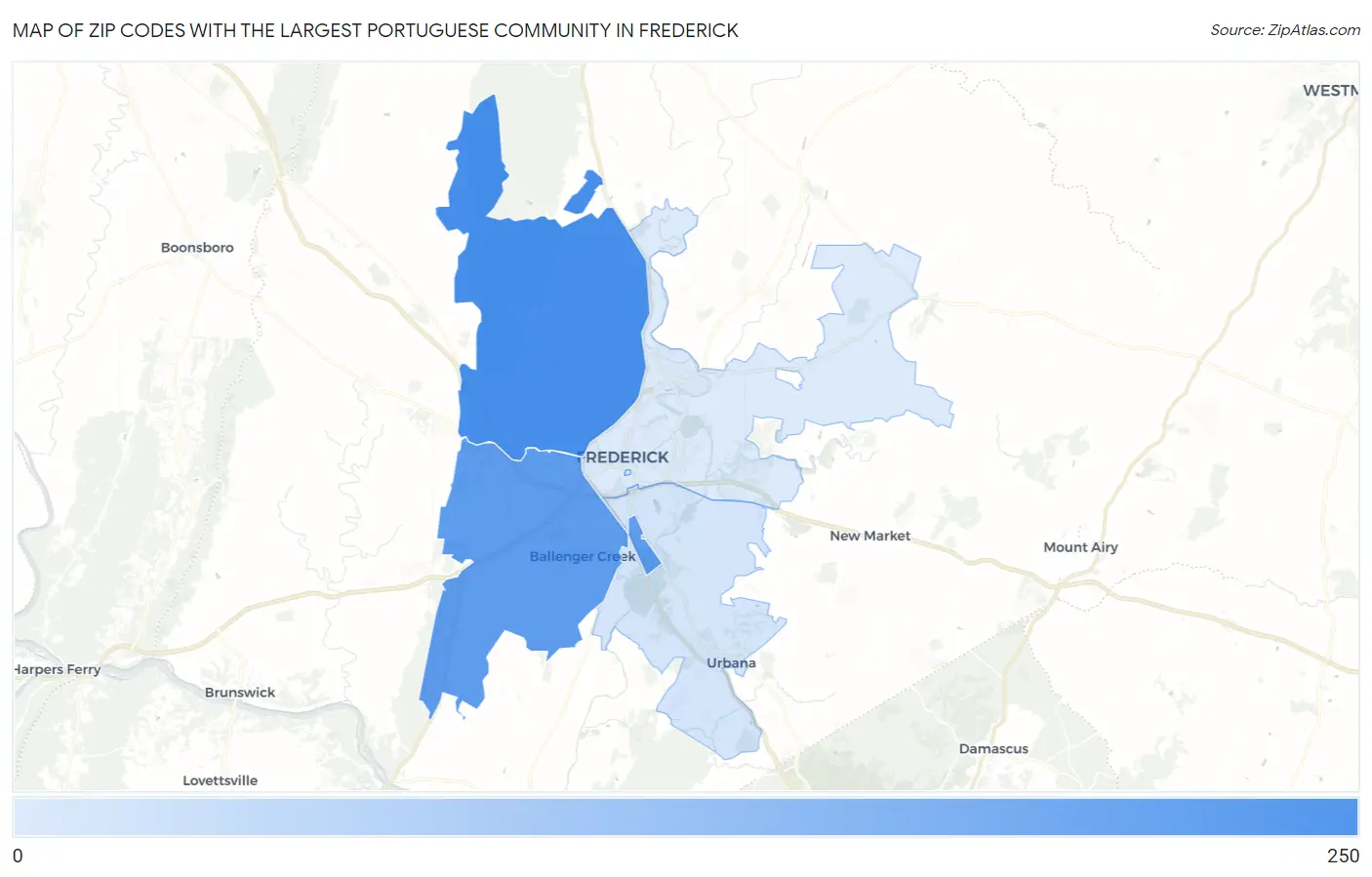 Zip Codes with the Largest Portuguese Community in Frederick Map