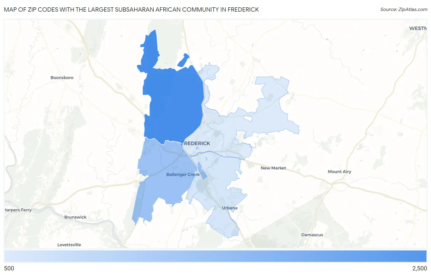 Zip Codes with the Largest Subsaharan African Community in Frederick Map