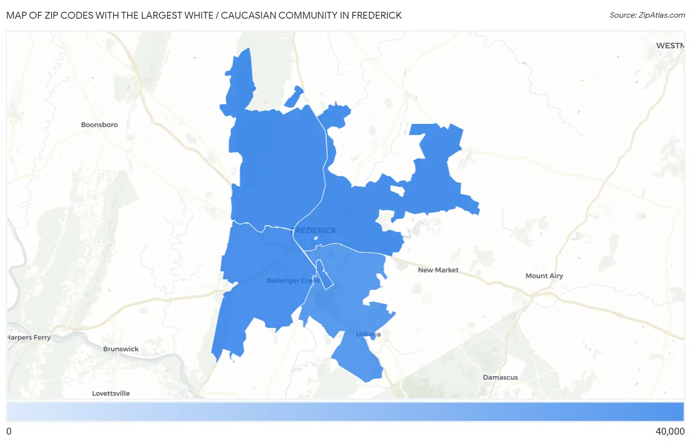 Zip Codes with the Largest White / Caucasian Community in Frederick Map