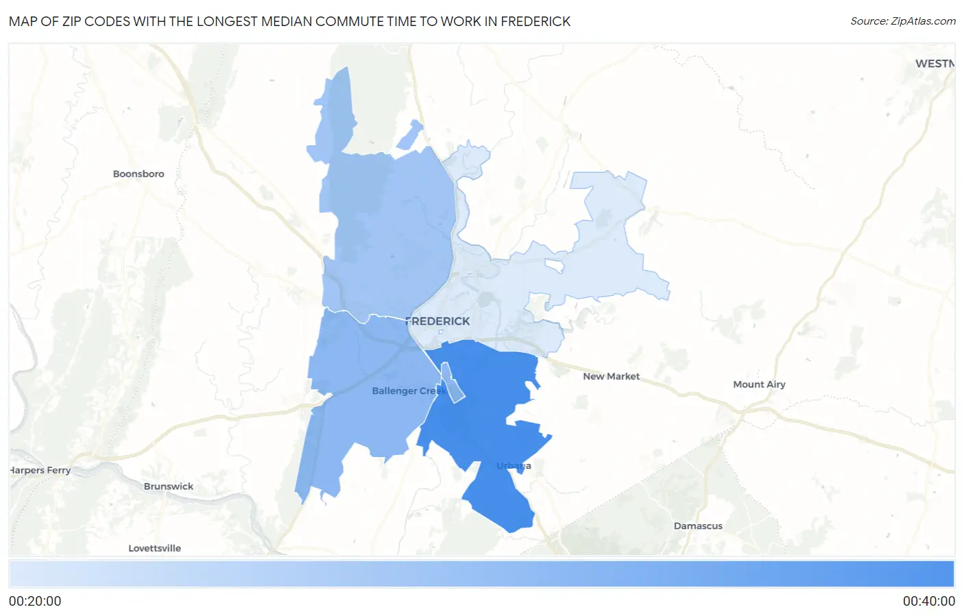 Zip Codes with the Longest Median Commute Time to Work in Frederick Map