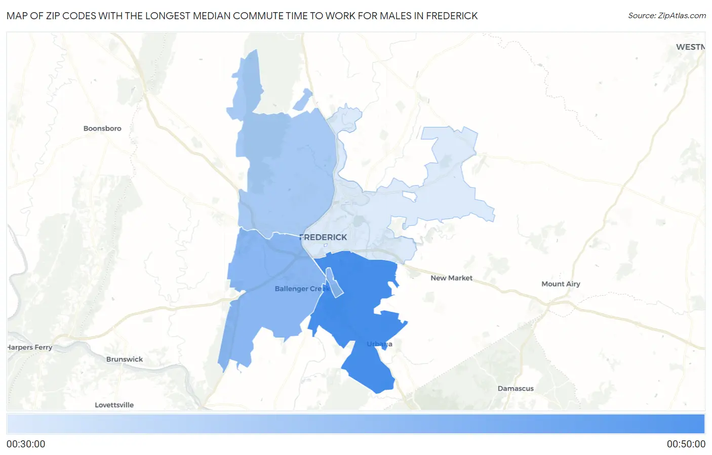 Zip Codes with the Longest Median Commute Time to Work for Males in Frederick Map