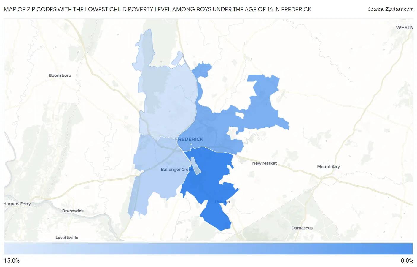 Zip Codes with the Lowest Child Poverty Level Among Boys Under the Age of 16 in Frederick Map