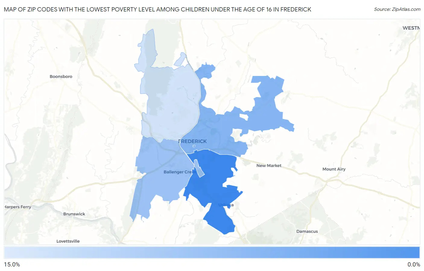 Zip Codes with the Lowest Poverty Level Among Children Under the Age of 16 in Frederick Map