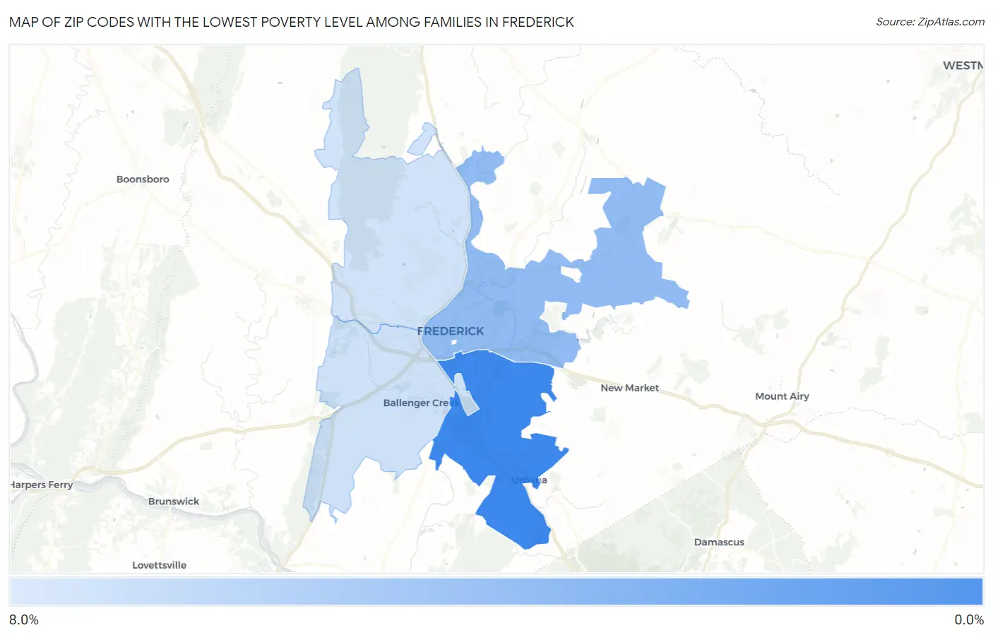 Zip Codes with the Lowest Poverty Level Among Families in Frederick Map