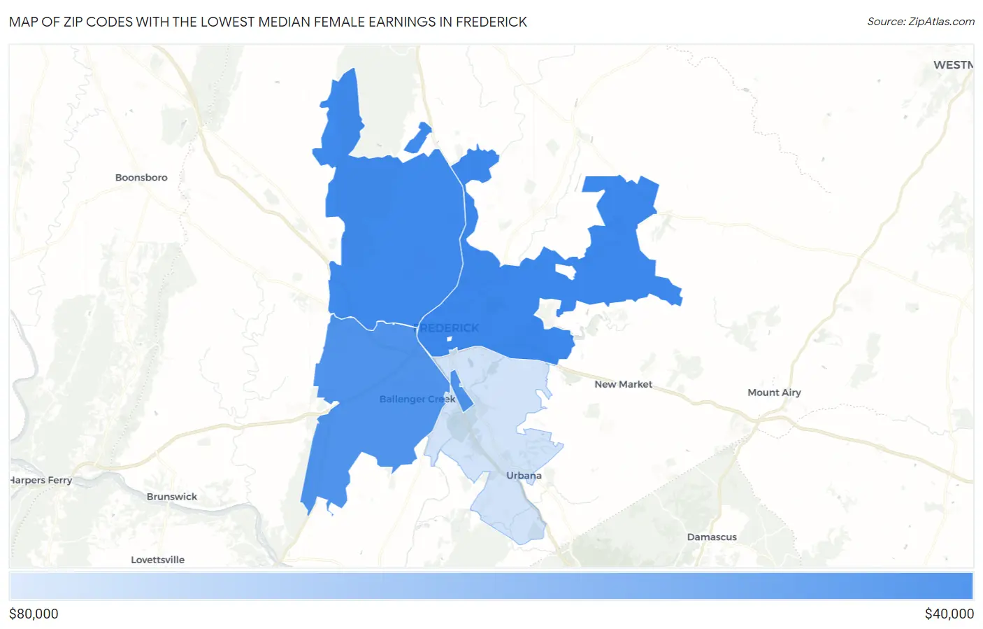 Zip Codes with the Lowest Median Female Earnings in Frederick Map