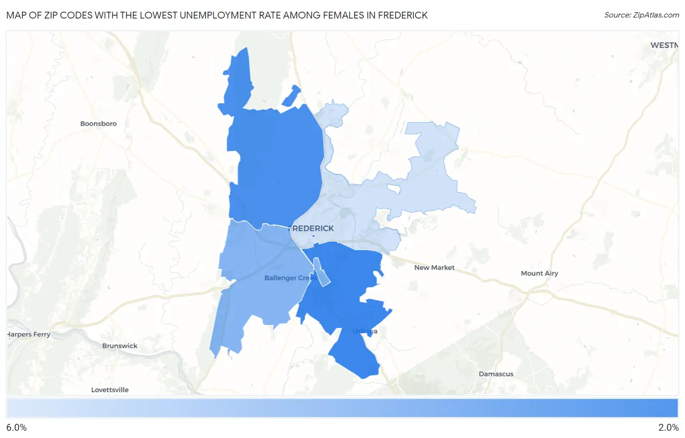 Zip Codes with the Lowest Unemployment Rate Among Females in Frederick Map