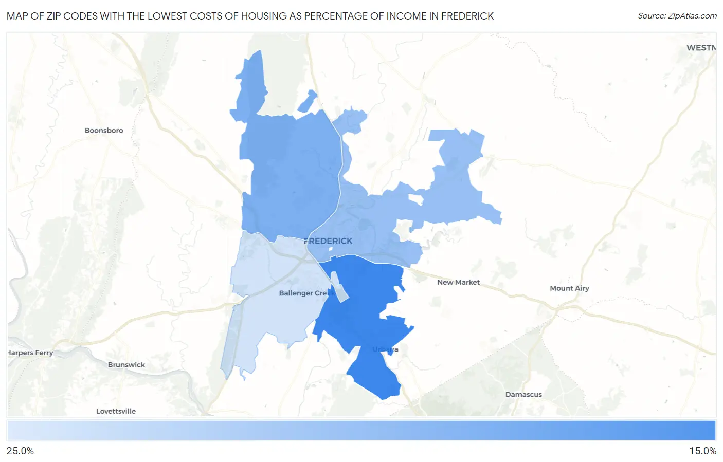 Zip Codes with the Lowest Costs of Housing as Percentage of Income in Frederick Map