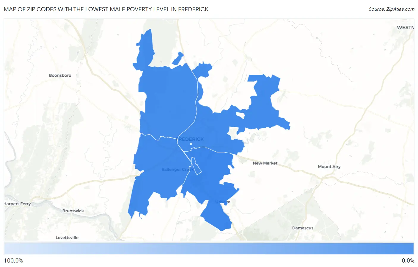 Zip Codes with the Lowest Male Poverty Level in Frederick Map