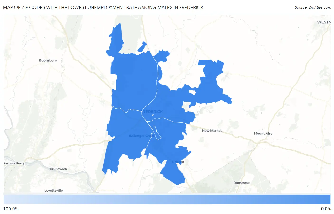 Zip Codes with the Lowest Unemployment Rate Among Males in Frederick Map