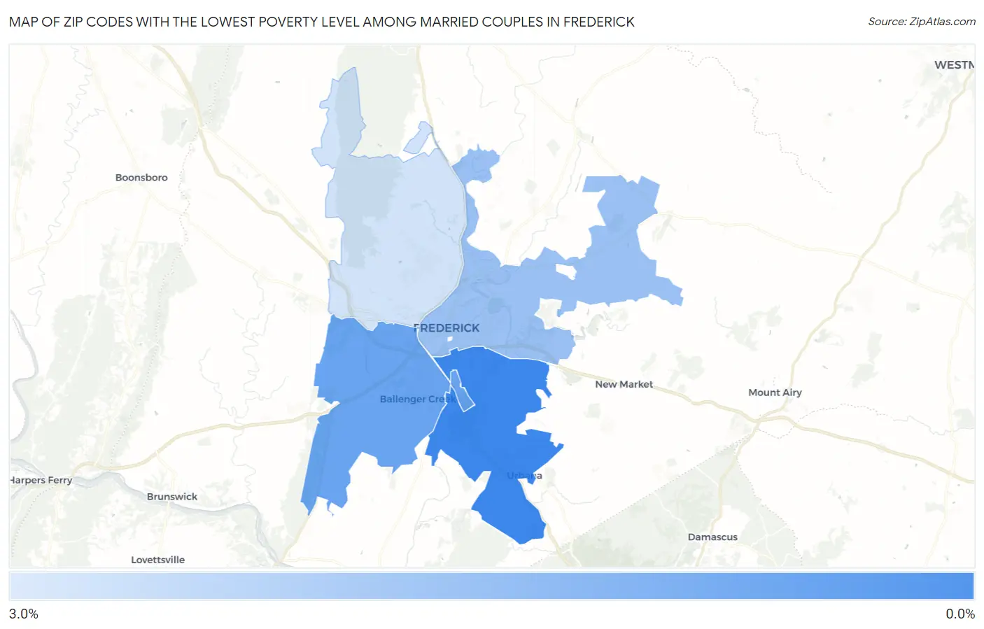 Zip Codes with the Lowest Poverty Level Among Married Couples in Frederick Map