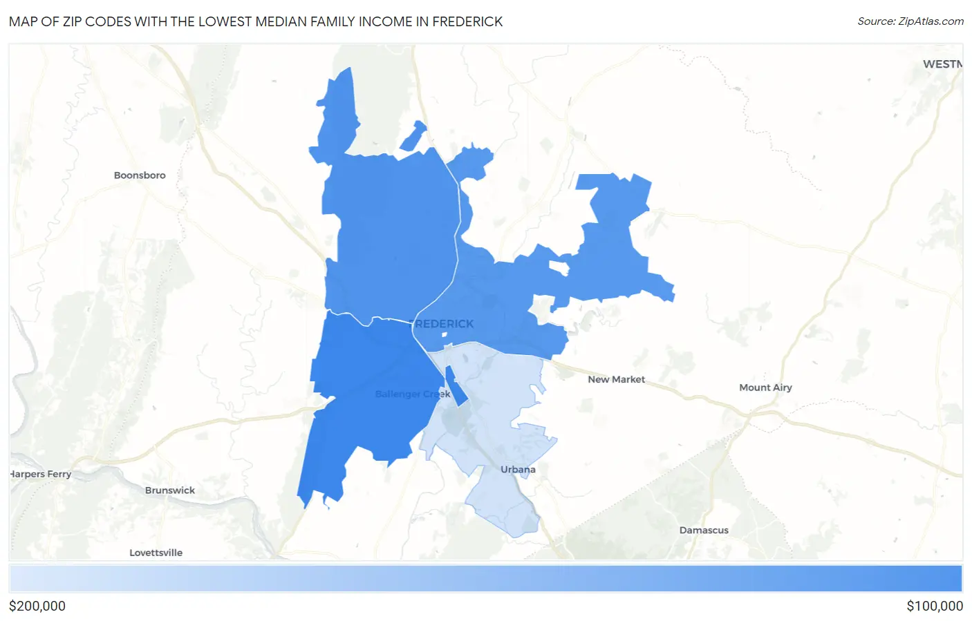 Zip Codes with the Lowest Median Family Income in Frederick Map
