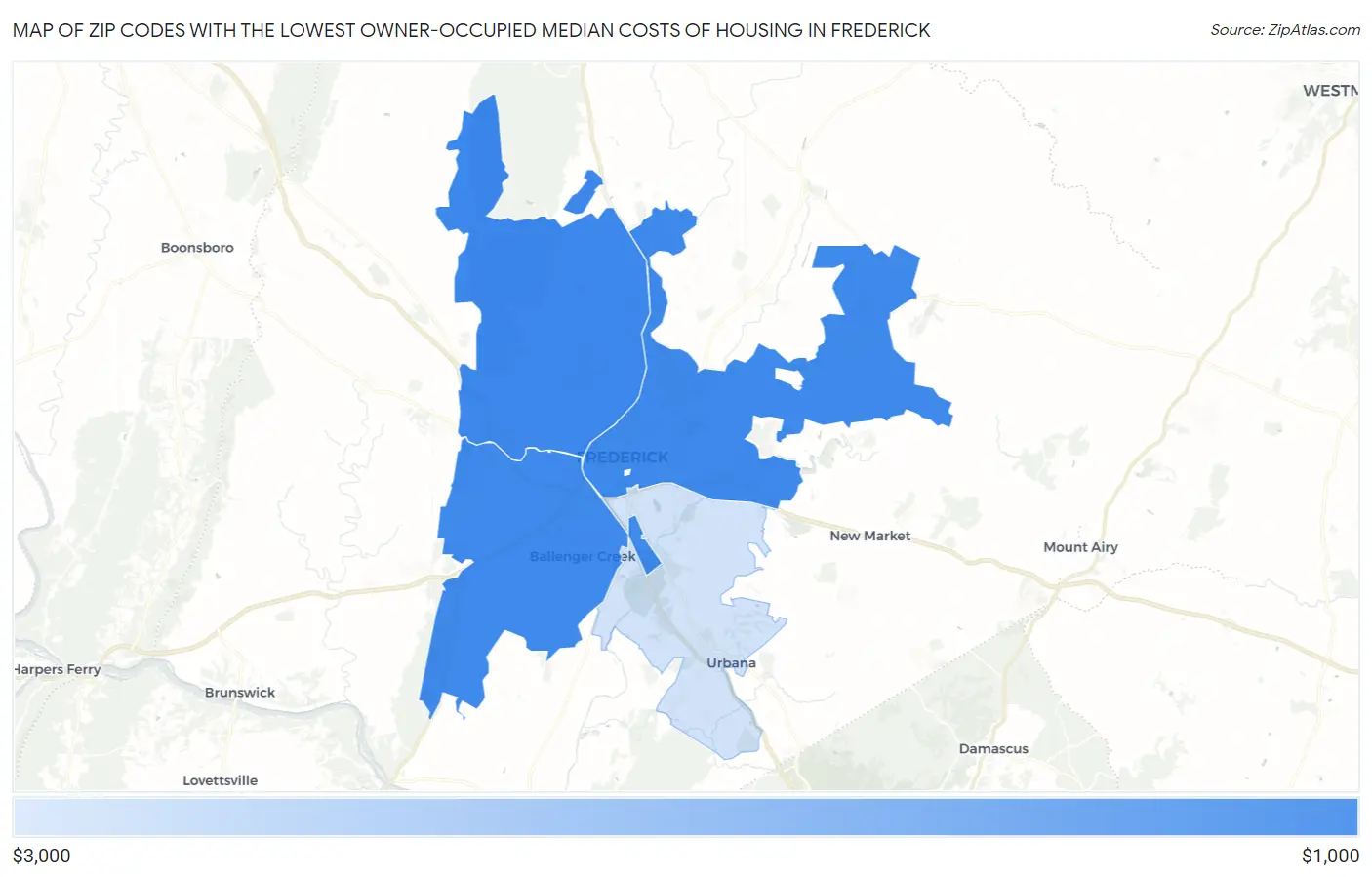 Zip Codes with the Lowest Owner-Occupied Median Costs of Housing in Frederick Map