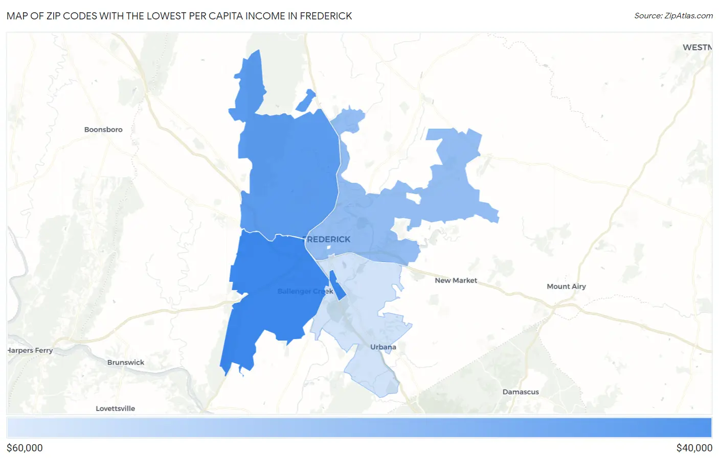 Zip Codes with the Lowest Per Capita Income in Frederick Map