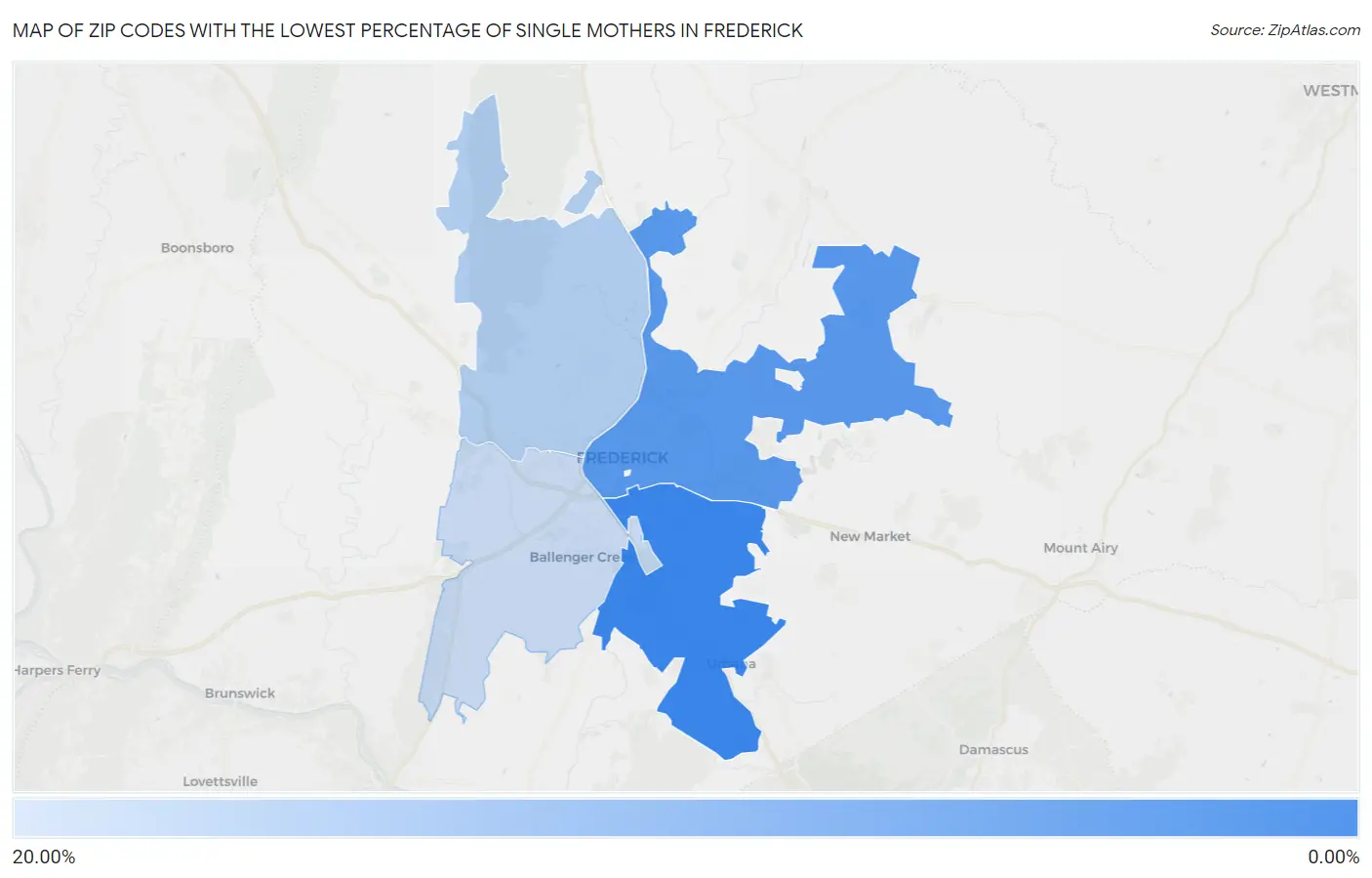 Zip Codes with the Lowest Percentage of Single Mothers in Frederick Map