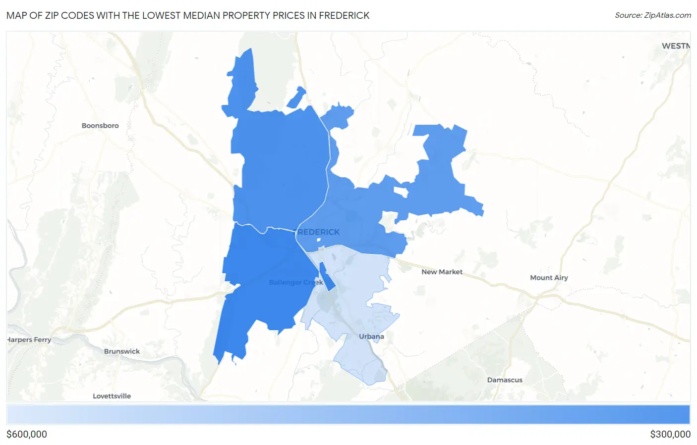 Zip Codes with the Lowest Median Property Prices in Frederick Map